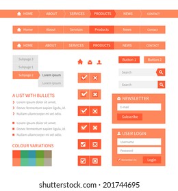 Flat web design elements. Navigation, buttons, login. Colour variations. Editable vector format.