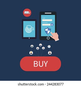 Flat web design icons for secure online shopping. Smartphone and tablet vector icons.