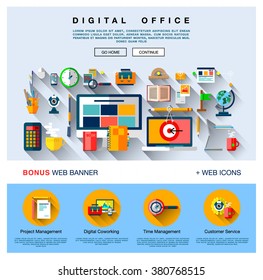 Flat web design one page template with colorful flat and line icons of digital office, project management service, business solution platform for startup. Flat design  concept, website elements layout