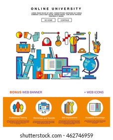 Flat web design one page template with thin line icons of internet campus workshop learning, online university space for coworking education. Flat graphic design image concept, website elements layout