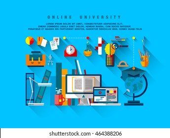 Flat web design one page template with thin line icons of internet campus workshop learning, online university space for coworking education. Flat graphic design image concept, website elements layout