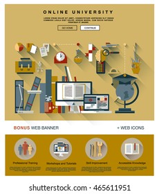 Flat web design one page template with thin line icons of internet campus workshop learning, online university space for coworking education. Flat graphic design image concept, website elements layout