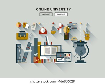 Flat web design one page template with thin line icons of internet campus workshop learning, online university space for coworking education. Flat graphic design image concept, website elements layout