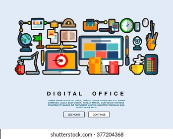 Flat web design template with icons of digital office, project management service, business solution platform for startup. Flat design graphic hero image concept, website elements layout
