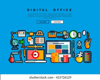 Flat web design template with icons of digital office, project management service, business solution platform for startup. Flat design graphic hero image concept, website elements layout