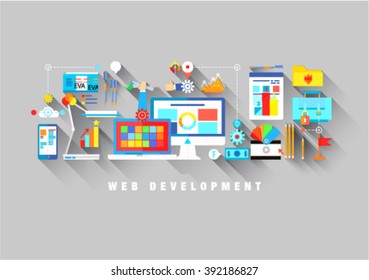 Flat web design template of one page with bright flat icons of web studio services. SEO analysis, website optimization, bug testing and fixing. Flat graphic image concept, website elements layout