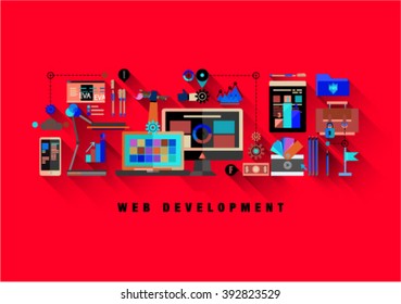 Flat web design template of one page with bright flat icons of web studio services. SEO analysis, website optimization, bug testing and fixing. Flat graphic image concept, website elements layout