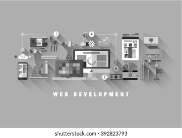 Flat web design template of one page with bright flat icons of web studio services. SEO analysis, website optimization, bug testing and fixing. Flat graphic image concept, website elements layout