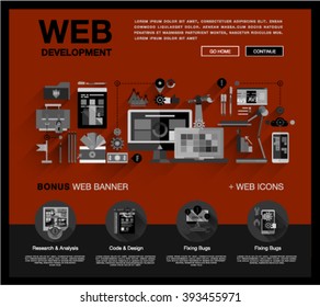 Flat web design template of one page with bright flat icons of web studio services. SEO analysis, website optimization, bug testing and fixing. Flat graphic image concept, website elements layout