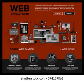 Flat web design template of one page with bright flat icons of web studio services. SEO analysis, website optimization, bug testing and fixing. Flat graphic image concept, website elements layout