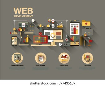 Flat web design template of one page with bright flat icons of web studio services. SEO analysis, website optimization, bug testing and fixing. Flat graphic image concept, website elements layout