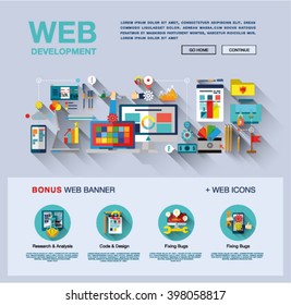 Flat web design template of one page with bright flat icons of web studio services. SEO analysis, website optimization, bug testing and fixing. Flat graphic image concept, website elements layout