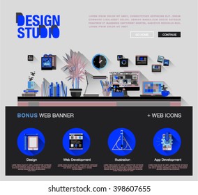 Flat web design template of one page with bright flat icons of design studio agency services. Digital graphics, web develop and apps prototyping. Flat design image concept, website elements layout