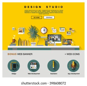 Flat web design template of one page with bright flat icons of design studio agency services. Digital graphics, web develop and apps prototyping. Flat design image concept, website elements layout