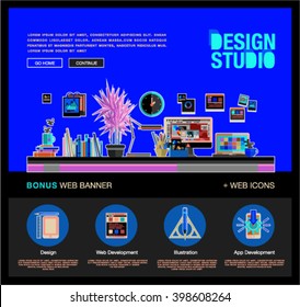 Flat web design template of one page with bright flat icons of design studio agency services. Digital graphics, web develop and apps prototyping. Flat design image concept, website elements layout