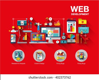 Flat web design template of one page with bright flat icons of web studio services. SEO analysis, website optimization, bug testing and fixing. Flat graphic image concept, website elements layout