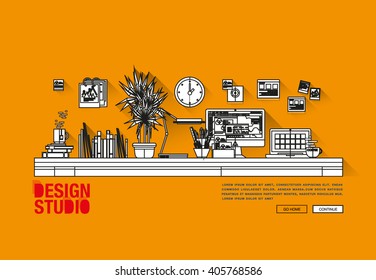 Flat web design template of one page with bright flat icons of design studio agency services. Digital graphics, web develop and apps prototyping. Flat design image concept, website elements layout