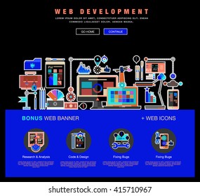 Flat web design template of one page with bright flat icons of web studio services. SEO analysis, website optimization, bug testing and fixing. Flat graphic image concept, website elements layout