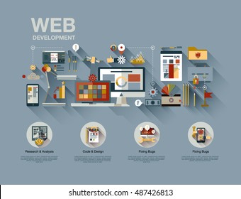 Flat web design template of one page with bright flat icons of web studio services. SEO analysis, website optimization, bug testing and fixing. Flat graphic image concept, website elements layout