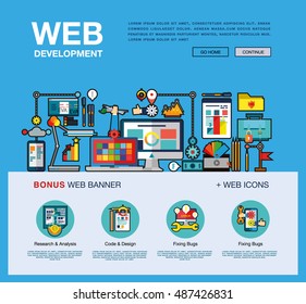 Flat web design template of one page with bright flat icons of web studio services. SEO analysis, website optimization, bug testing and fixing. Flat graphic image concept, website elements layout