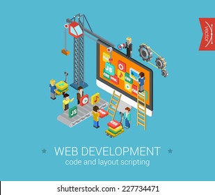 Flat web development 3d isometric modern design concept vector icons composition. Crane, desktop icons, php, html, javascript (js), css and gears. Flat web illustration infographics elements.