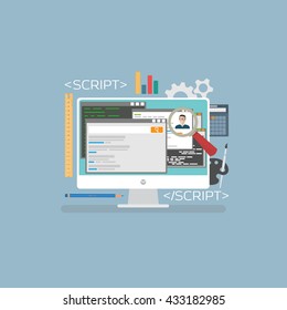 Flat web development concept. Web browser and window on monitor and programs for scripting and programming web applications on html 5 programming lenguage.