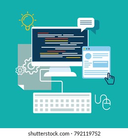 Flat web development concept. Web browser and window on monitor and programs for scripting