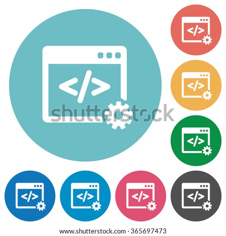 Flat web development icon set on round color background.