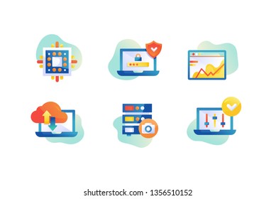 Flat Web Hosting Icon Set With Server Protect, Laptop, Cloud Technology. Concept Collection Modern Symbols For CPU, Internet, Ad, Web. Pixel Perfect. Vector Illustration.