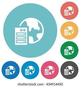 Flat web hosting icon set on round color background.