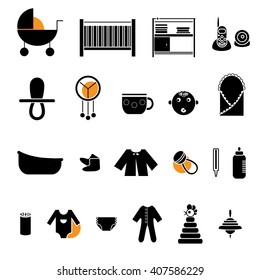 Flat web icon set. Baby equipment, toys, feeding and care