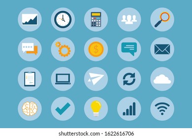 Flat web icons, Business, management, finances and technology icon set. Flat vector illustration