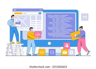 Flat web and mobile application design process with designer and developer team concept. Outline style minimal vector illustration.