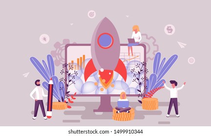 Flat web page design template of business startup homepage or header decorated people character for website and mobile website development. Flat landing page template. Vector illustration.