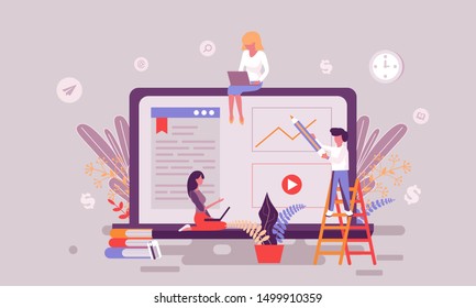 Flat web page design template of internet education homepage or header decorated people character for website and mobile website development. Flat landing page template. Vector illustration.