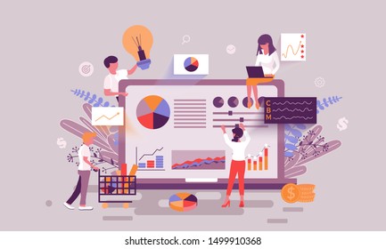 Flat web page design template of business statistic homepage or header decorated people character for website and mobile website development. Flat landing page template. Vector illustration.