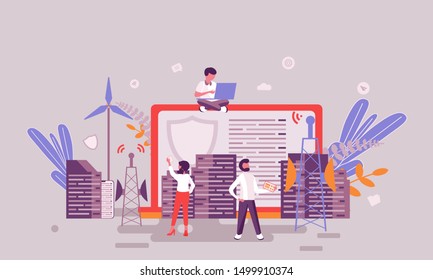 Flat web page design template of smart city homepage or header decorated people character for website and mobile website development. Flat landing page template. Vector illustration.
