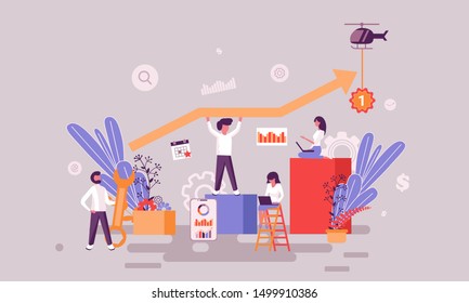 Flat web page design template of team success homepage or header decorated people character for website and mobile website development. Flat landing page template. Vector illustration.