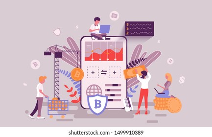 Flat web page design template of cryptocurrency mining homepage or header decorated people character for website and mobile website development. Flat landing page template. Vector illustration.