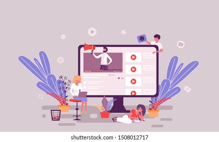 Flat web page design template of video blogging homepage or header decorated people character for website and mobile website development. Flat landing page template. Vector illustration.