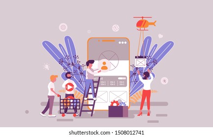 Flat web page design template of UI / UX design homepage or header decorated people character for website and mobile website development. Flat landing page template. Vector illustration.