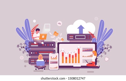 Flat web page design template of web hosting homepage or header decorated people character for website and mobile website development. Flat landing page template. Vector illustration.