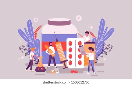 Flat web page design template of pharmacy homepage or header decorated people character for website and mobile website development. Flat landing page template. Vector illustration.
