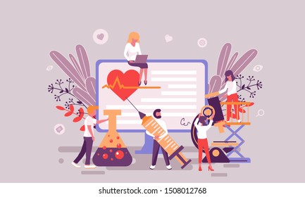 Flat web page design template of medicine homepage or header decorated people character for website and mobile website development. Flat landing page template. Vector illustration.
