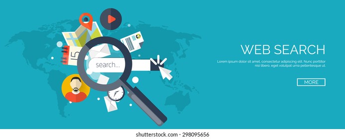 Flat web search background. Internet information and data. Loupe.