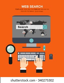 Flat web search background. Internet information and data. Loupe.