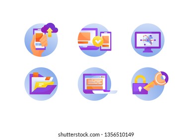 Flat Web Service Icon Set With Server Protect, Key, Folder, Mobile Connection. Concept Collection Modern Symbols For Cloud Technology, Internet, Ad, Web. Pixel Perfect. Vector Illustration.