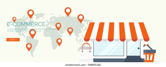 Flat web shop. Digital wallet. Internet shopping. Mobile banking. Worldwide store.E-commerce.