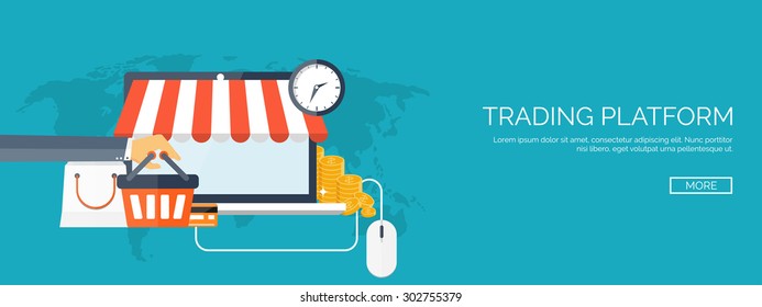 Flat web shopping background. Internet store. Online shop. E-commerce and virtual trade.