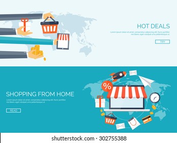 Flat web shopping background. Internet store. Online shop. E-commerce and virtual trade.